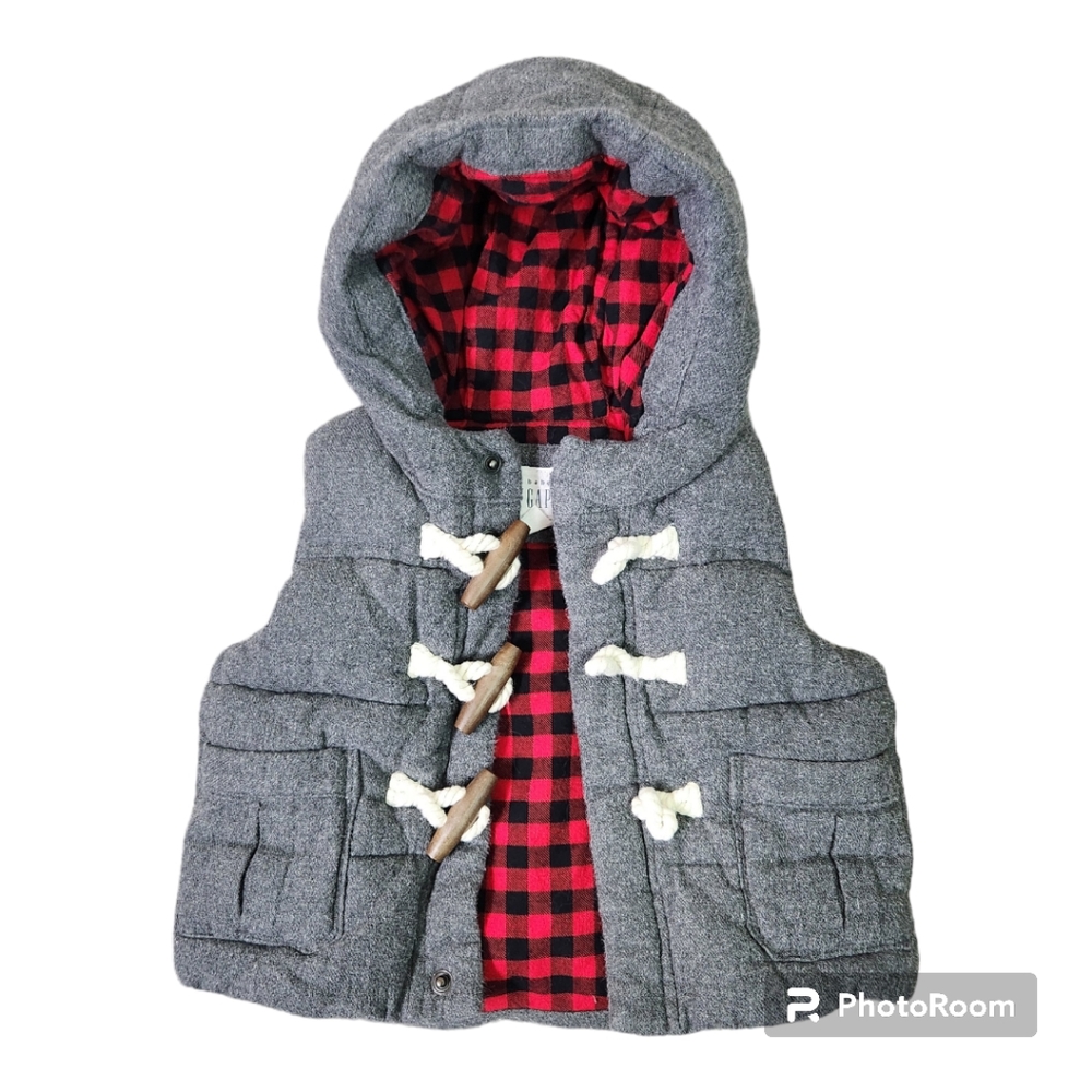 Baby Gap Boys Puffer Hooded Vest Grey Button Up 100% Cotton Size 0-6 mo